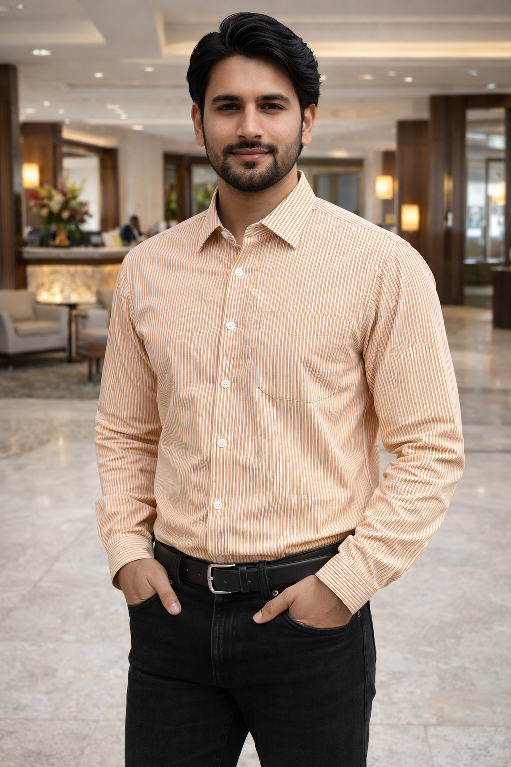 Men’s Orange & White Striped Full Sleeve Cotton Shirt