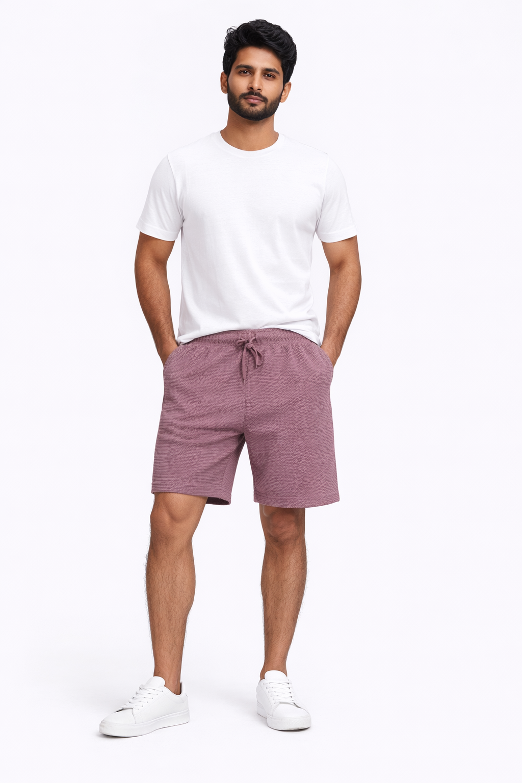 Men’s Purple Textured Casual Shorts – Elastic Waist Drawstring | Summer Comfort Fit Shorts