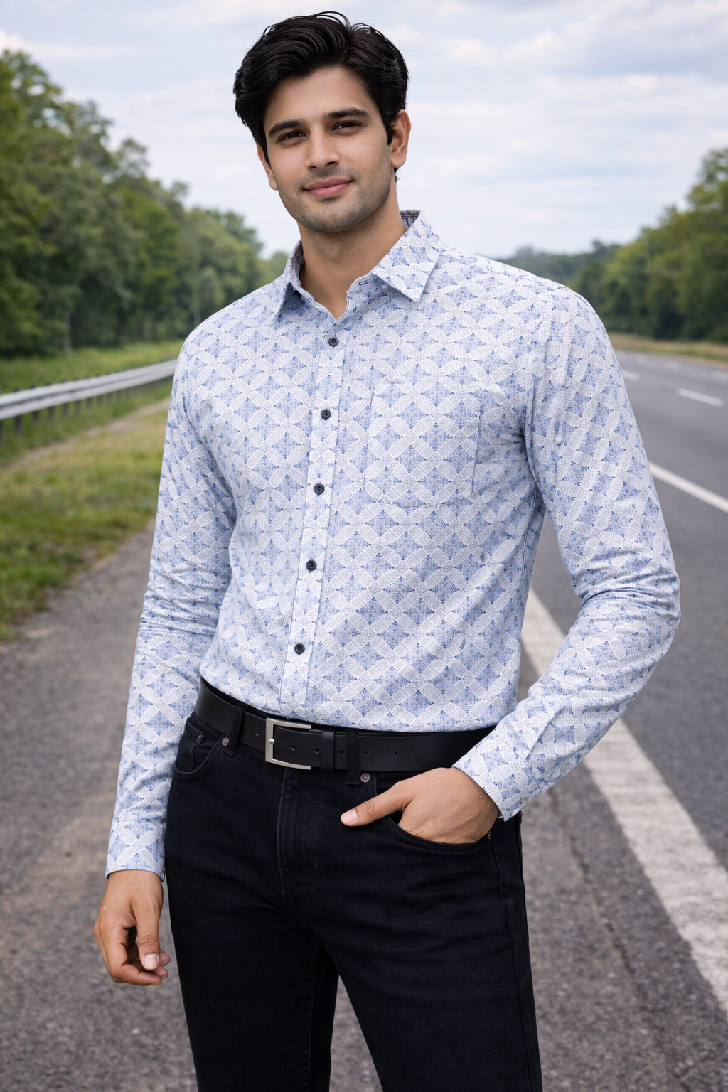 Men Sky Blue Printed Full Sleeve Shirt