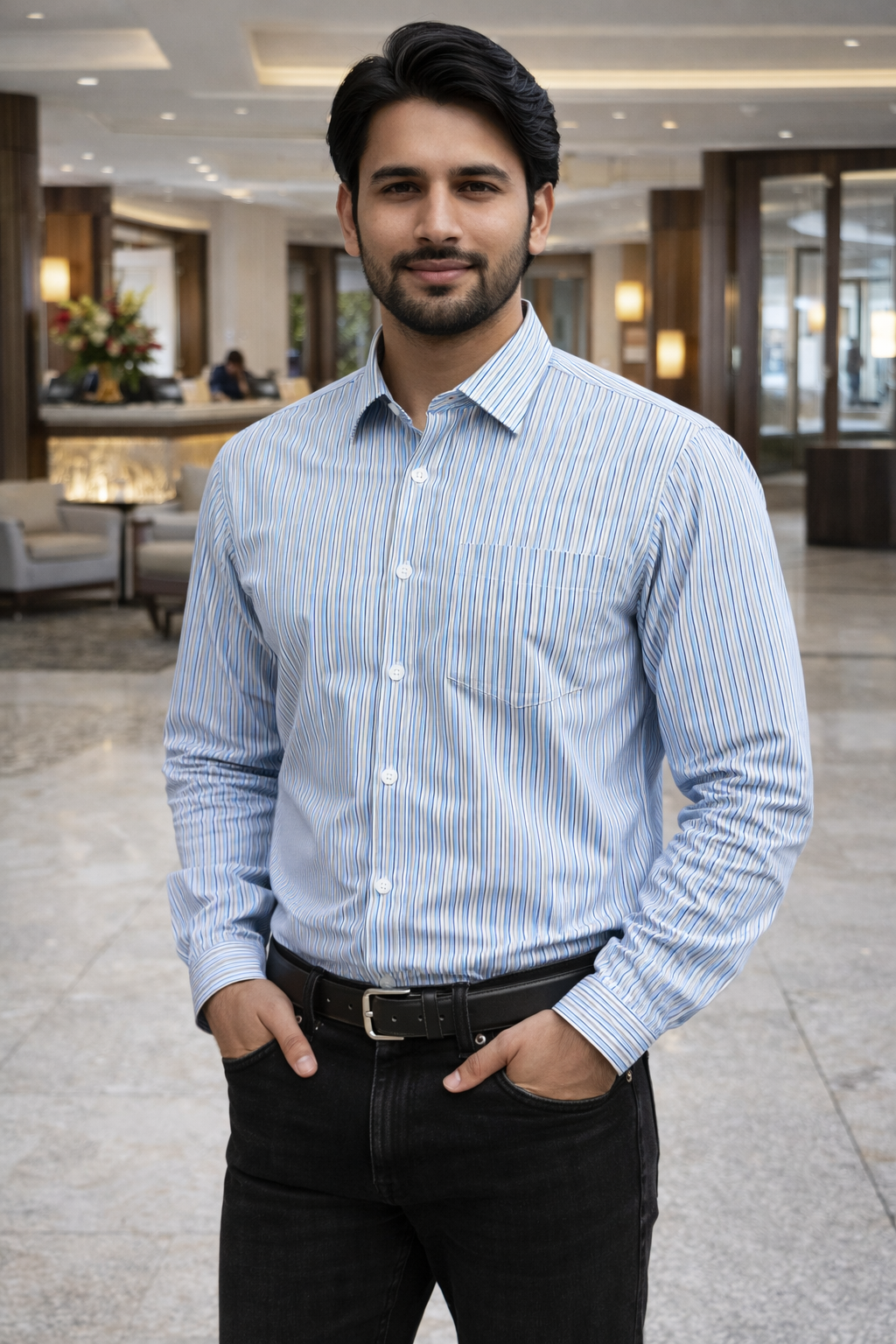 Men’s Sky Blue & White Striped Full Sleeve Cotton Shirt