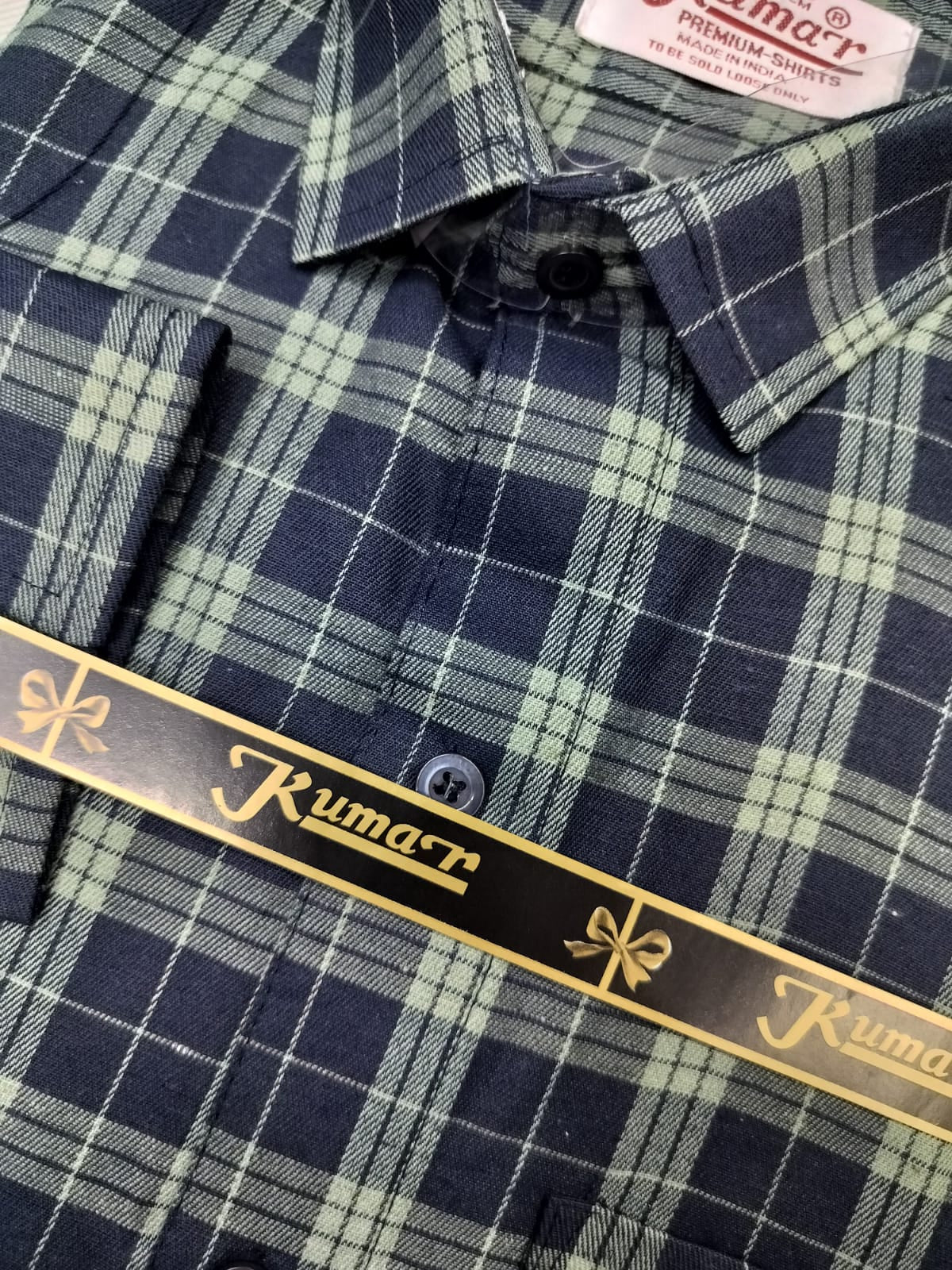 Men’s Navy Blue & Green Full Sleeve Checked Shirt with Chest Pocket