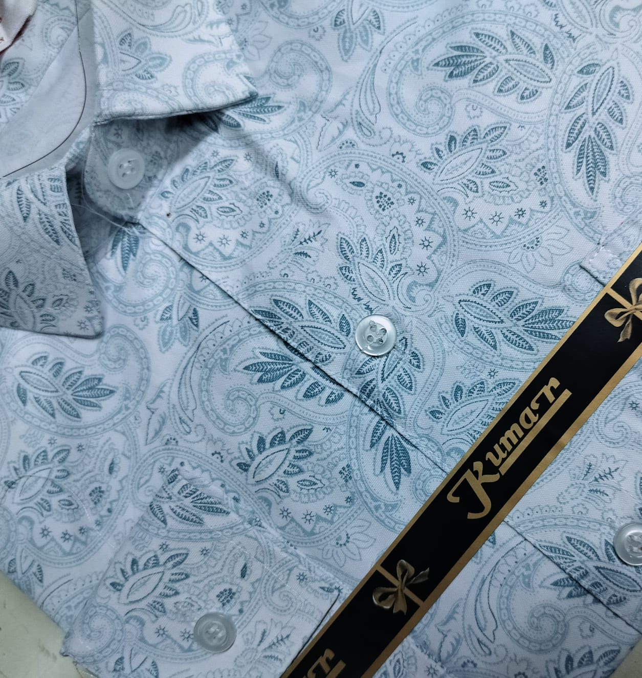 Men’s White & Sea Green Full Sleeve Printed Casual Shirt with Chest Pocket