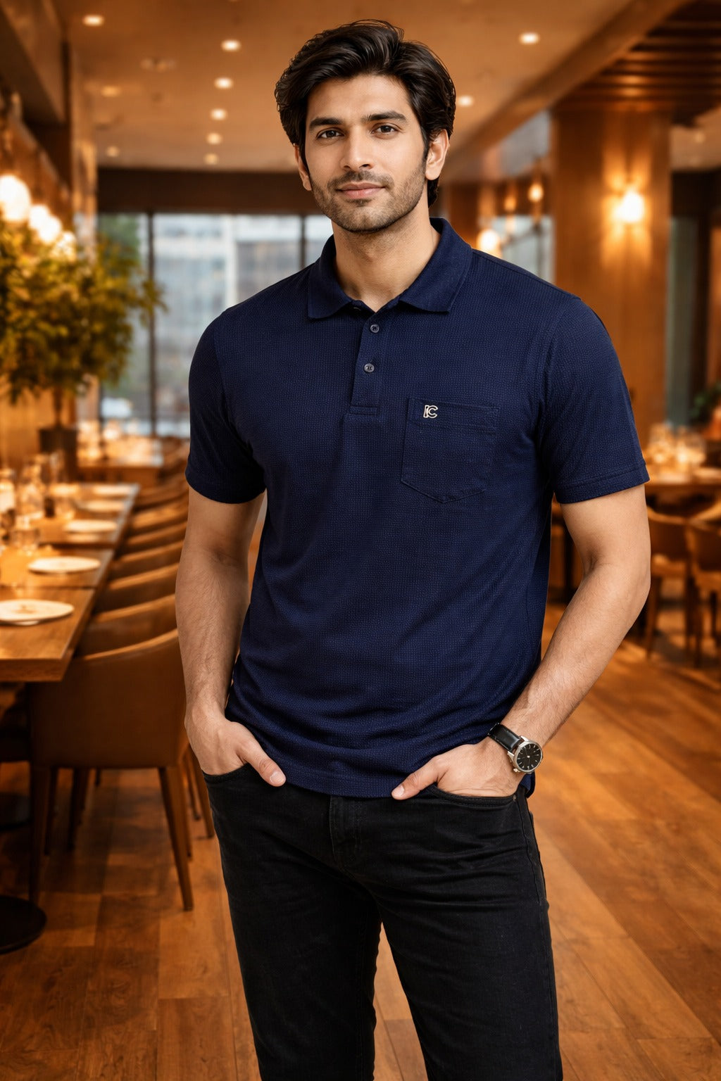 Men’s Dark Blue Striped Polo T-Shirt – Half Sleeve Cotton Casual Wear