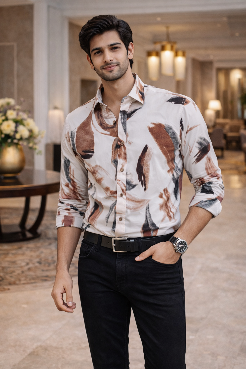 Kumar Casual Printed White & Light Brown Shirt for Men