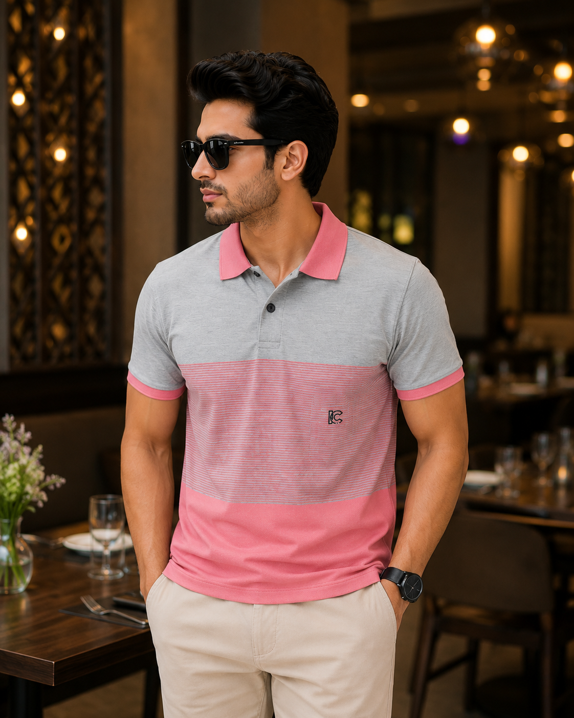 Men's Pink & Grey Striped Polo T-Shirt with Chest Pocket
