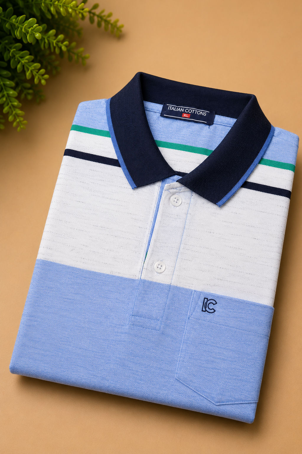 Men's White & Blue Striped Polo T-Shirt with Chest Pocket