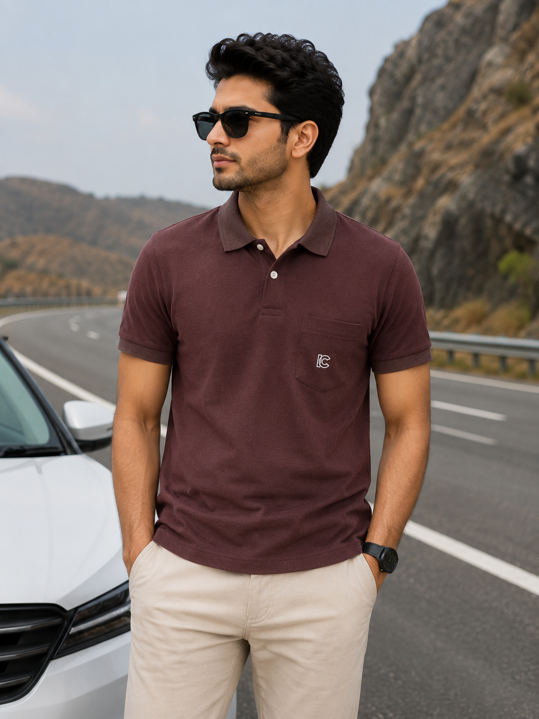 Men's Dark Chocolate Striped Polo T-Shirt with Chest Pocket