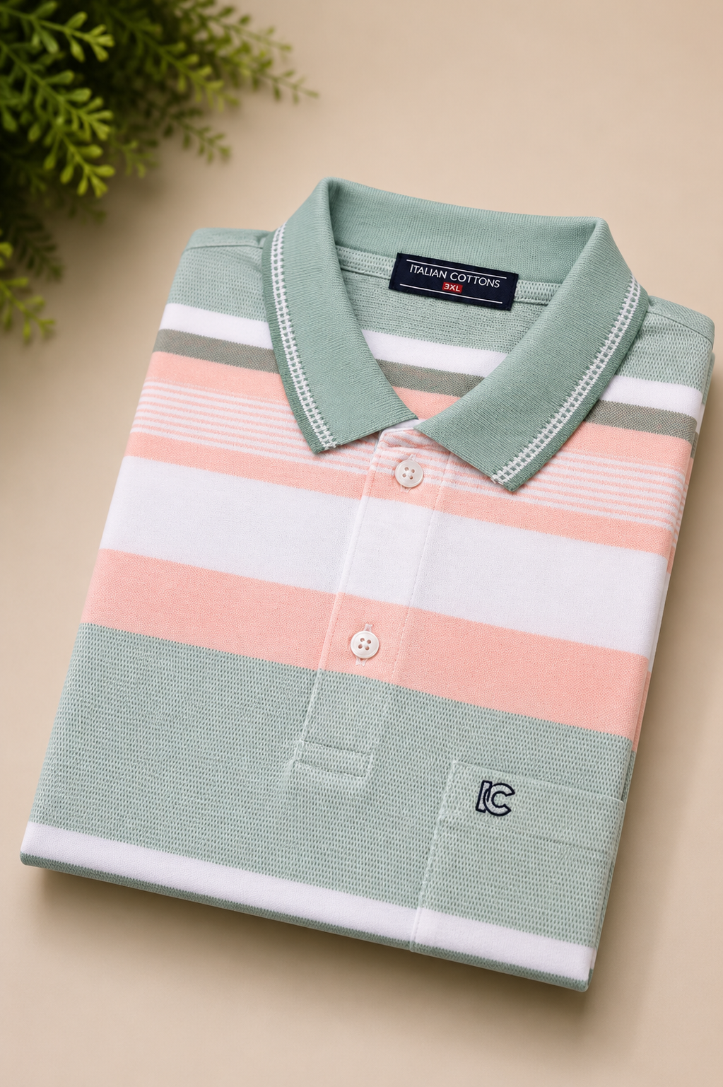 Men's Green & Pink Striped Polo T-Shirt with Chest Pocket