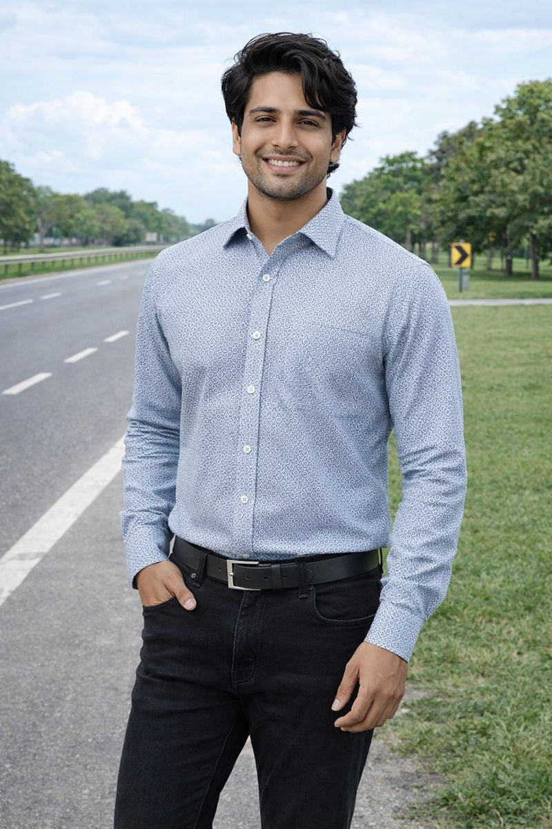 Men’s Dark Blue Full Sleeve Printed Shirt with Pocket