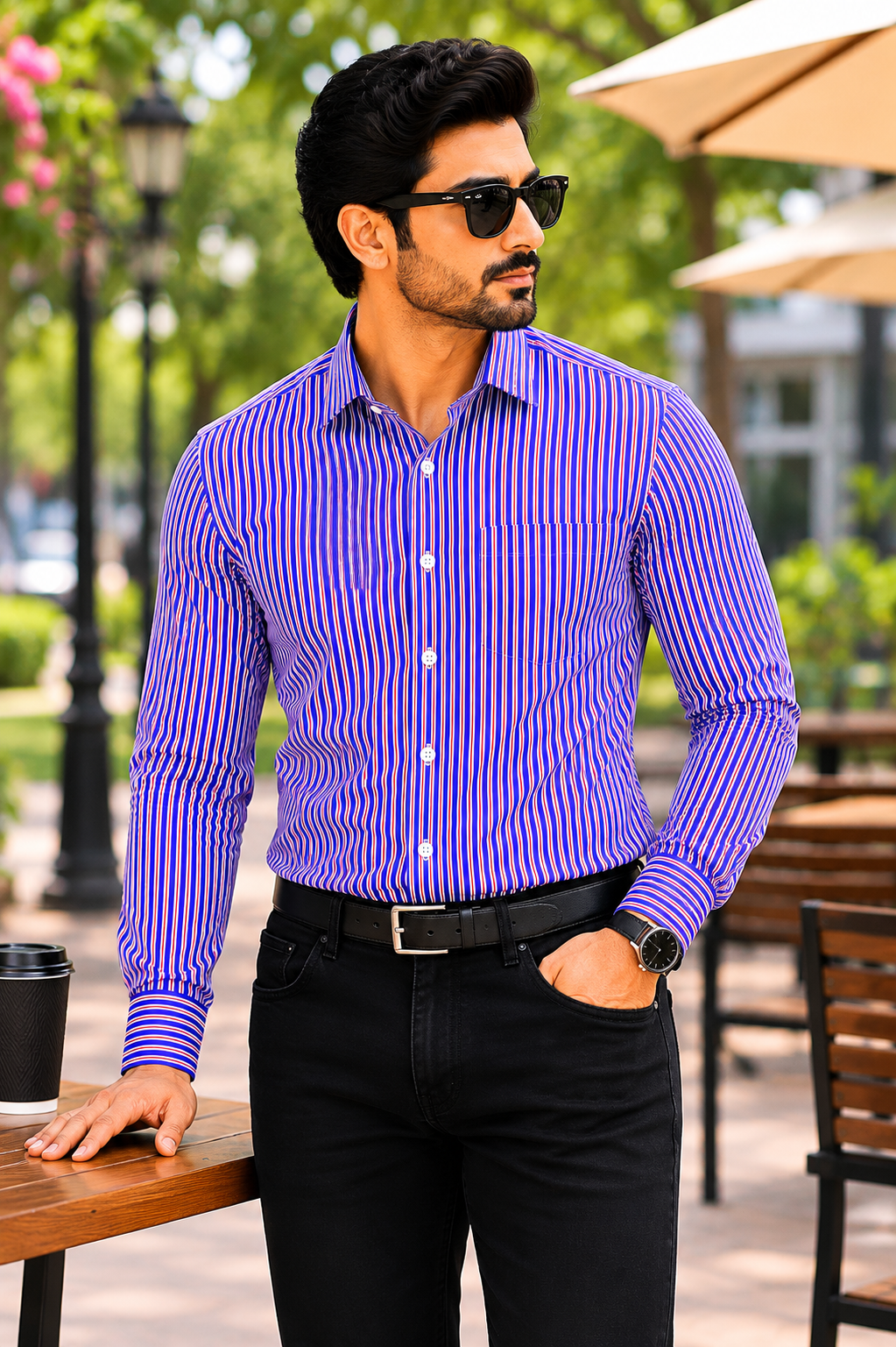 Men’s Red & Blue Striped Full Sleeve Cotton Shirt