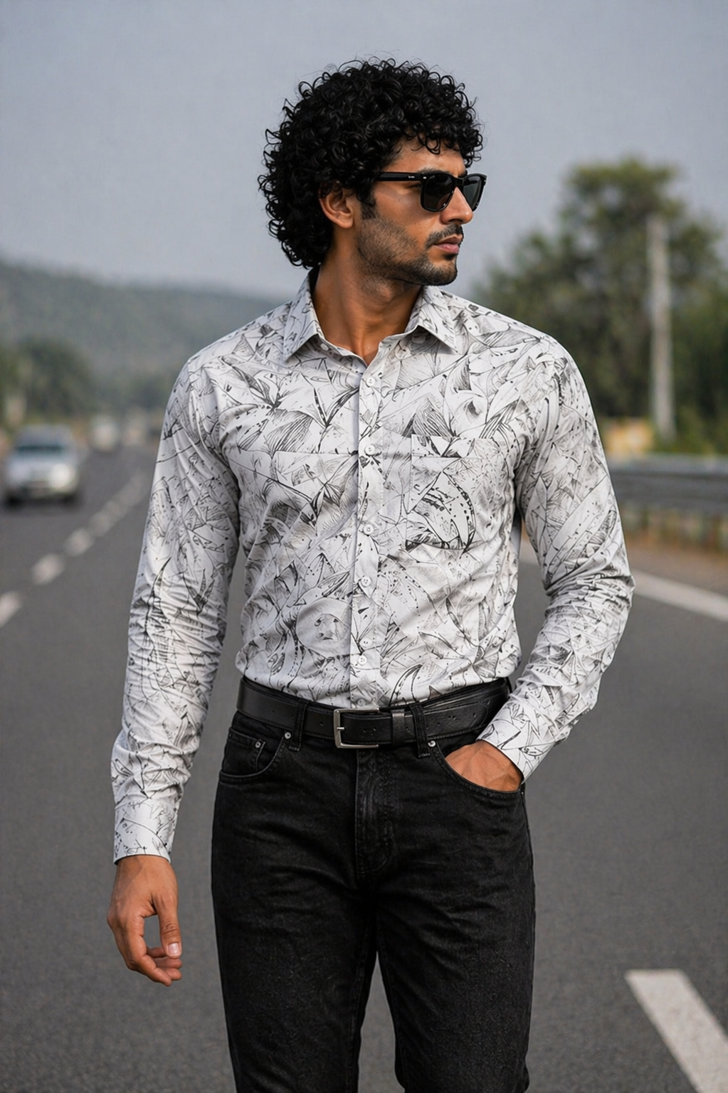 Men’s Premium White & Black Full Sleeve Printed Shirt