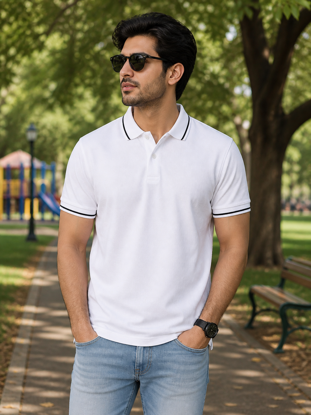 Men’s White Polo T-Shirt with Tipping Collar | Half Sleeve Premium Casual Wear | 100% SPUN Cotton Material