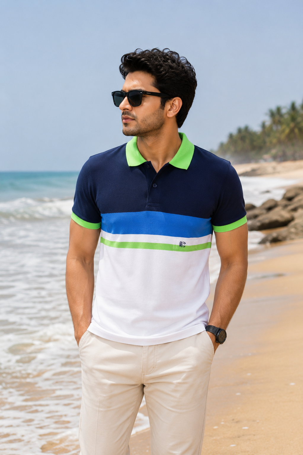 Men's Black & Blue Striped Polo T-Shirt with Chest Pocket