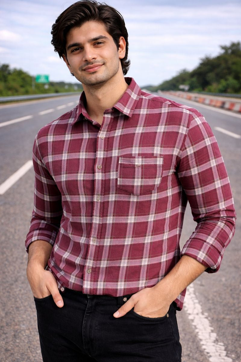 Men’s Red & White Full Sleeve Checked Shirt with Chest Pocket