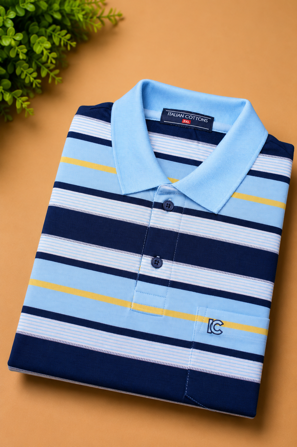 Men's Blue Navy Blue & Yellow Striped Polo T-Shirt with Chest Pocket