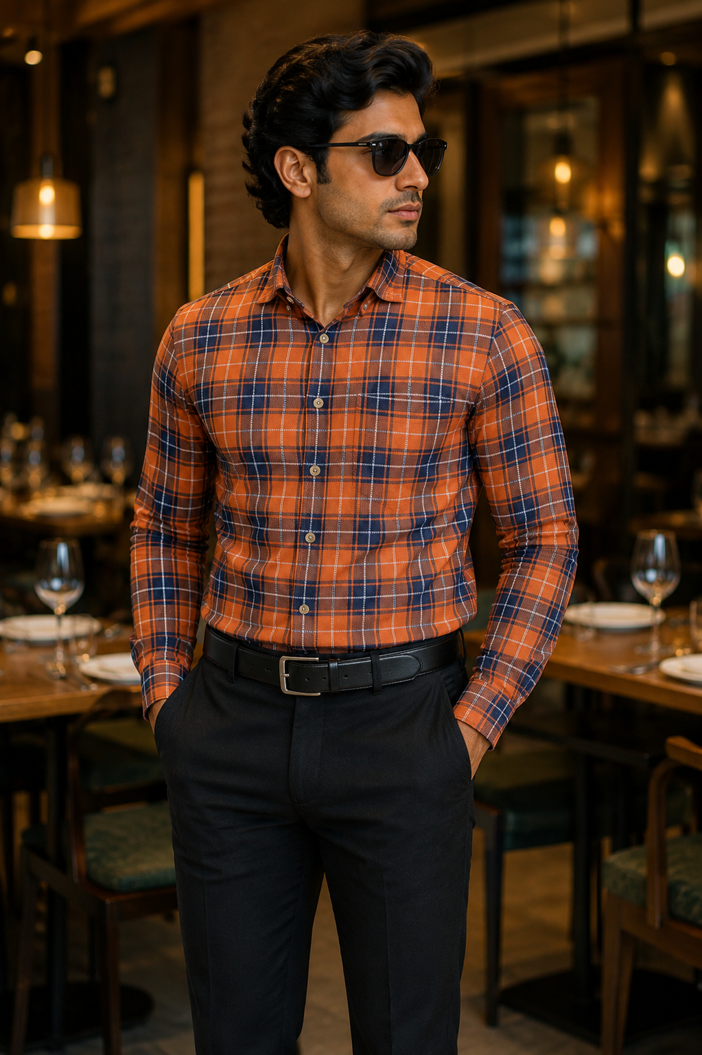 Men's Orange Checked Full Sleeve Casual Cotton Shirt
