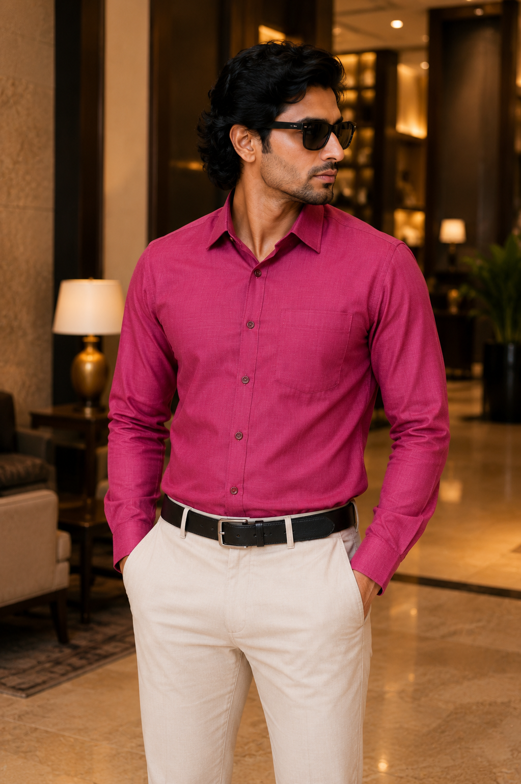 Men's Dark Pink Solid Full Sleeve Cotton Shirt