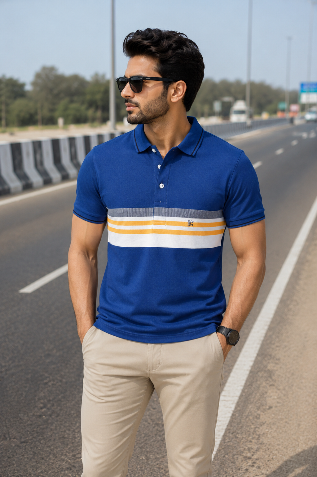 Men's Yellow White & Blue Striped Polo T-Shirt with Chest Pocket