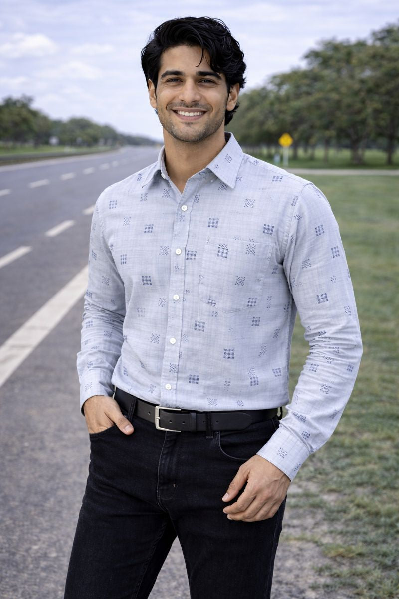 Men’s Light Blue Full Sleeve Printed Shirt with Pocket