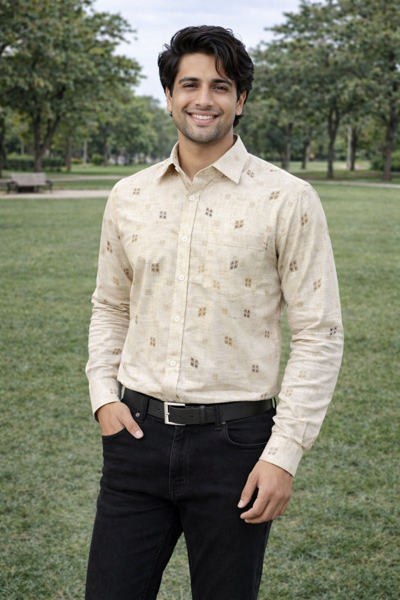 Men’s Light Cream Full Sleeve Printed Shirt with Pocket