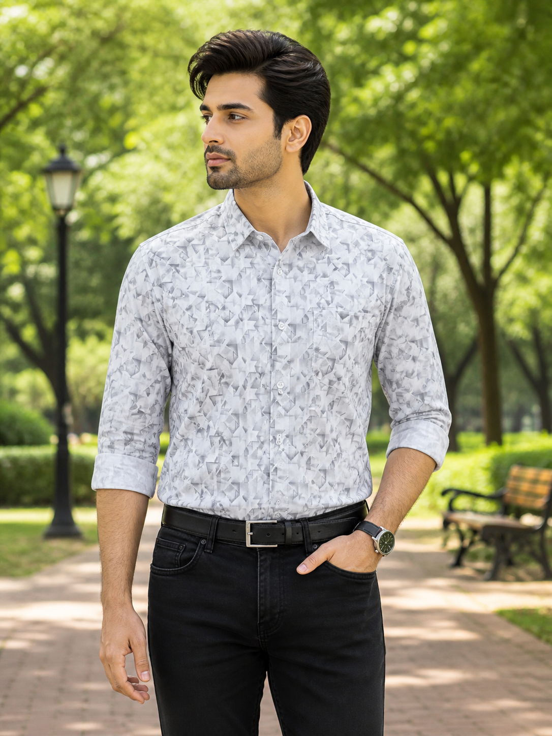 Men’s White & Ash Premium Full Sleeve Printed Shirt