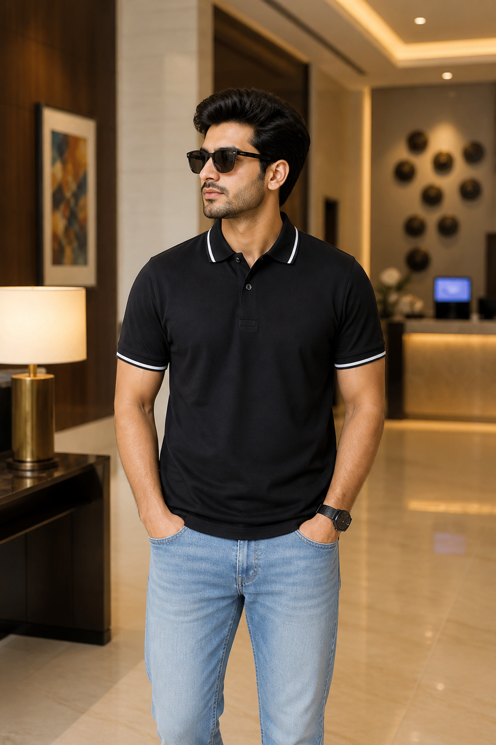 Men’s Black Polo T-Shirt with Tipping Collar | Half Sleeve Premium Casual Wear | 100% SPUN Cotton Material