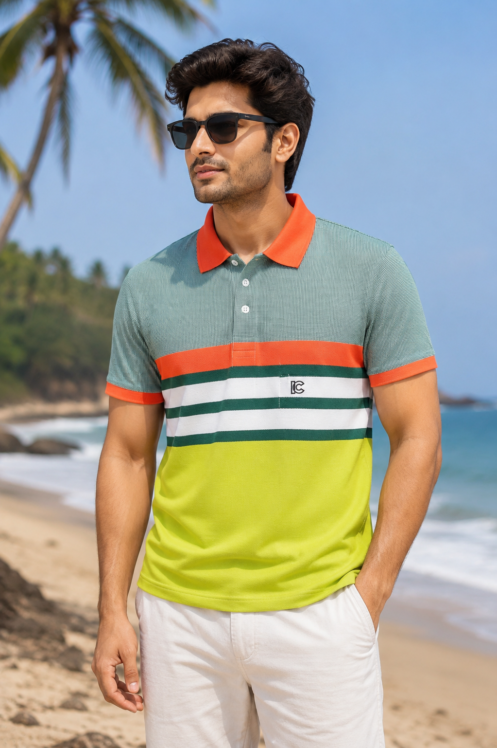 Men's Orange and Green Striped Polo T-Shirt with Chest Pocket