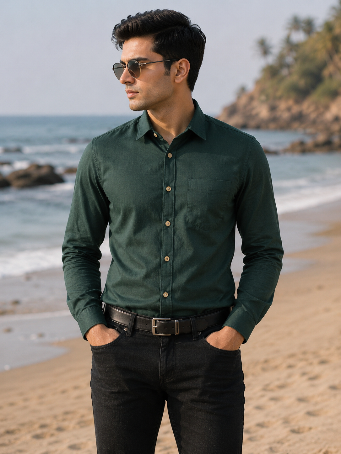 Premium Satin Finish Full Sleeve Dark Green Shirt for Men