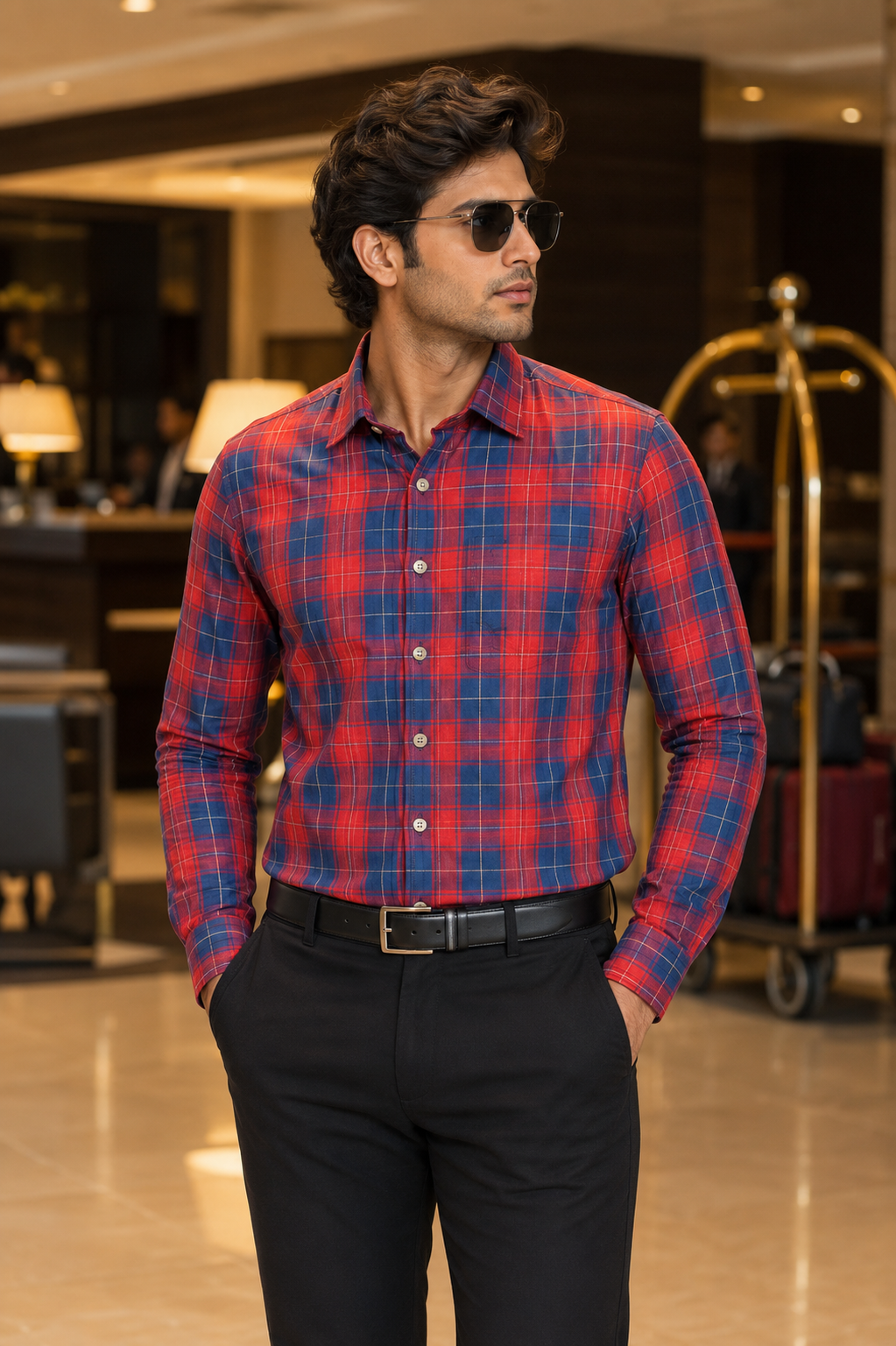 Men's Red & Blue Checked Full Sleeve Casual Cotton Shirt