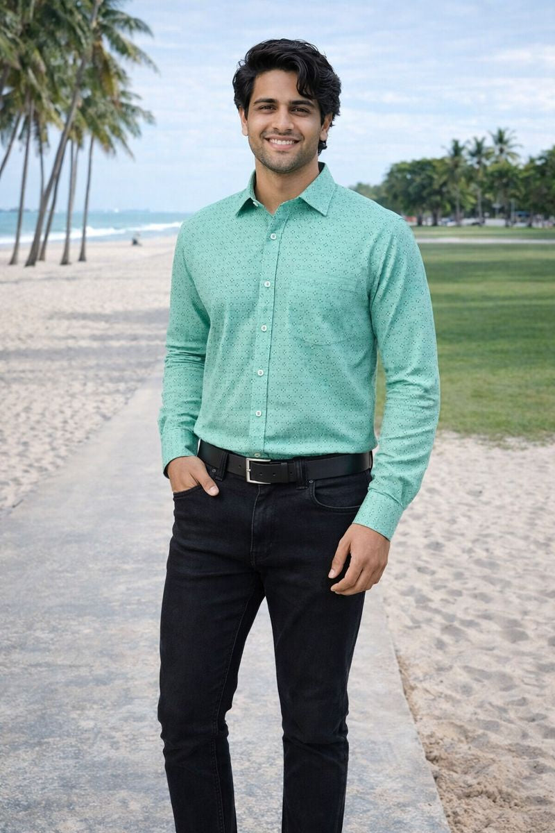 Men’s Green Full Sleeve Printed Shirt with Pocket